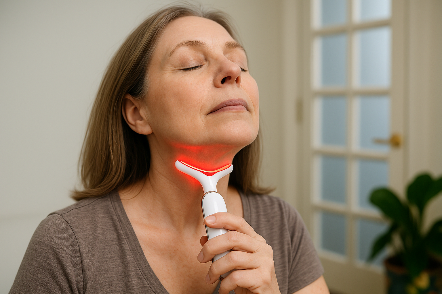 Woman using a red light therapy wand for skincare at home