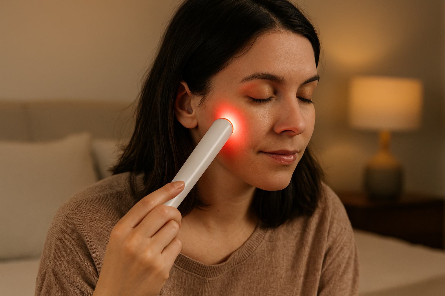 Woman using a red light therapy wand on her cheek at home