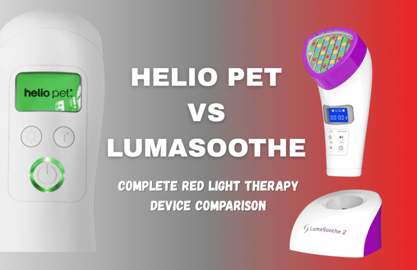 Side-by-side comparison of Helio Pet and LumaSoothe red light therapy devices for pets