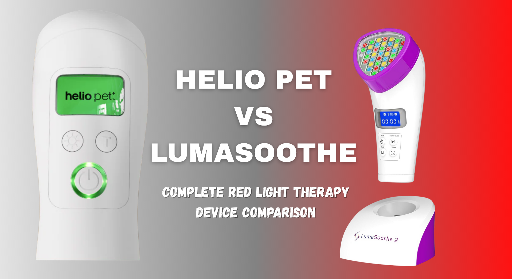 Side-by-side comparison of Helio Pet and LumaSoothe red light therapy devices for pets
