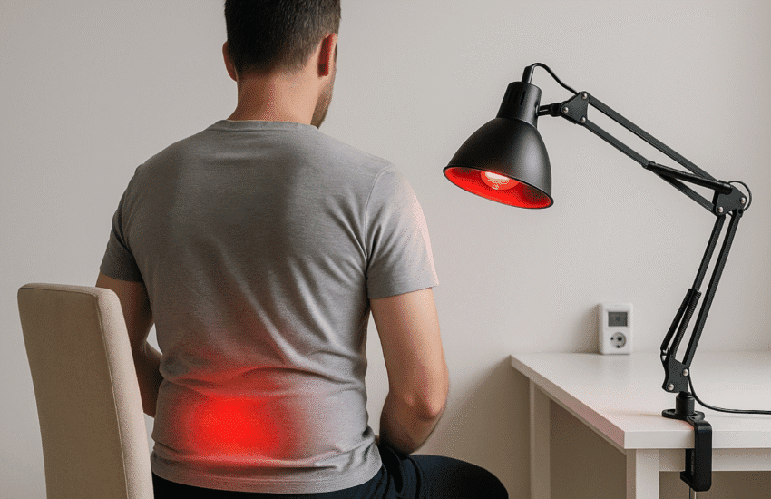 Infrared lamp positioned for lower back pain relief, 12–24 inches away