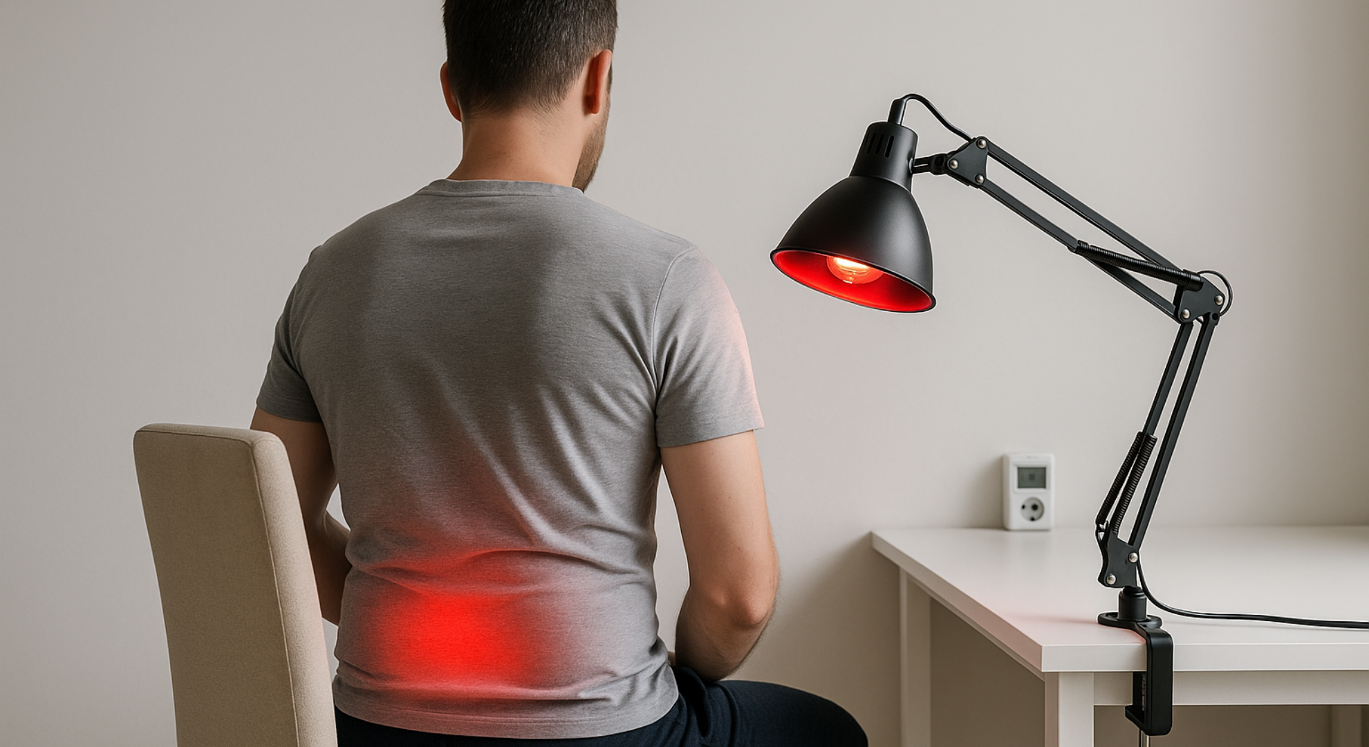 Infrared lamp positioned for lower back pain relief, 12–24 inches away