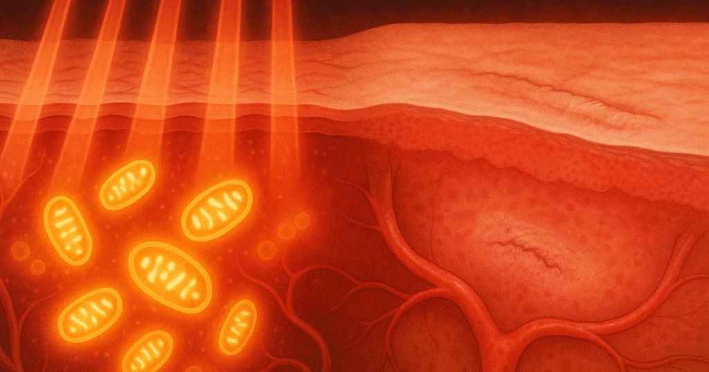Near-infrared light therapy (750–1200 nm) penetrating to the hypodermis, energizing mitochondria (ATP), improving circulation and calming inflammation to support scar and wound healing.
