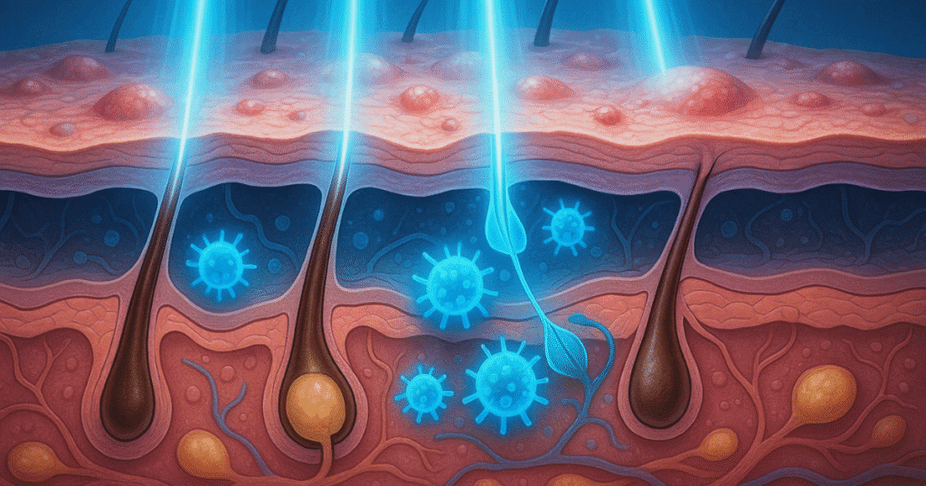 Blue light therapy (415–495 nm) targets acne bacteria in follicles and sebaceous glands, reducing breakouts and excess oil without irritation.