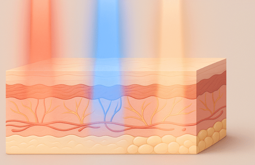 LED light therapy on skin: red, blue, and near-infrared beams penetrating a skin cross-section to illustrate collagen boosting, acne clearing, and healing effects.