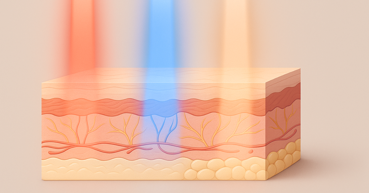 LED light therapy on skin: red, blue, and near-infrared beams penetrating a skin cross-section to illustrate collagen boosting, acne clearing, and healing effects.