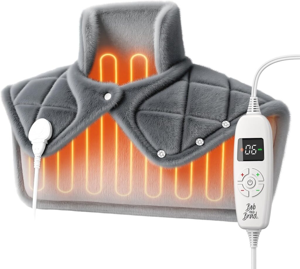 Bob and Brad soft fleece infrared heating pad in charcoal gray with snap closures at neck opening, weighted throughout