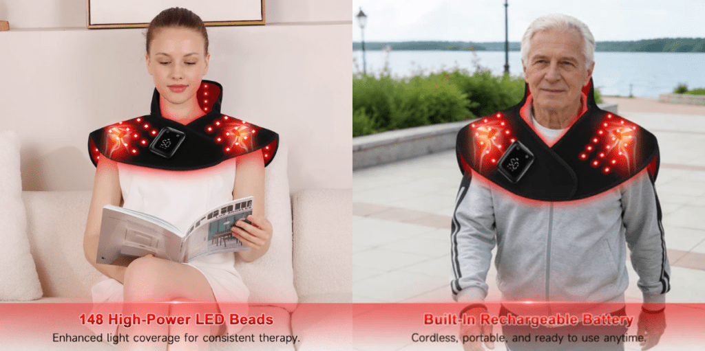 Lumyhealth red and near-infrared light therapy wrap shown in cape style with neoprene fabric and adjustable straps