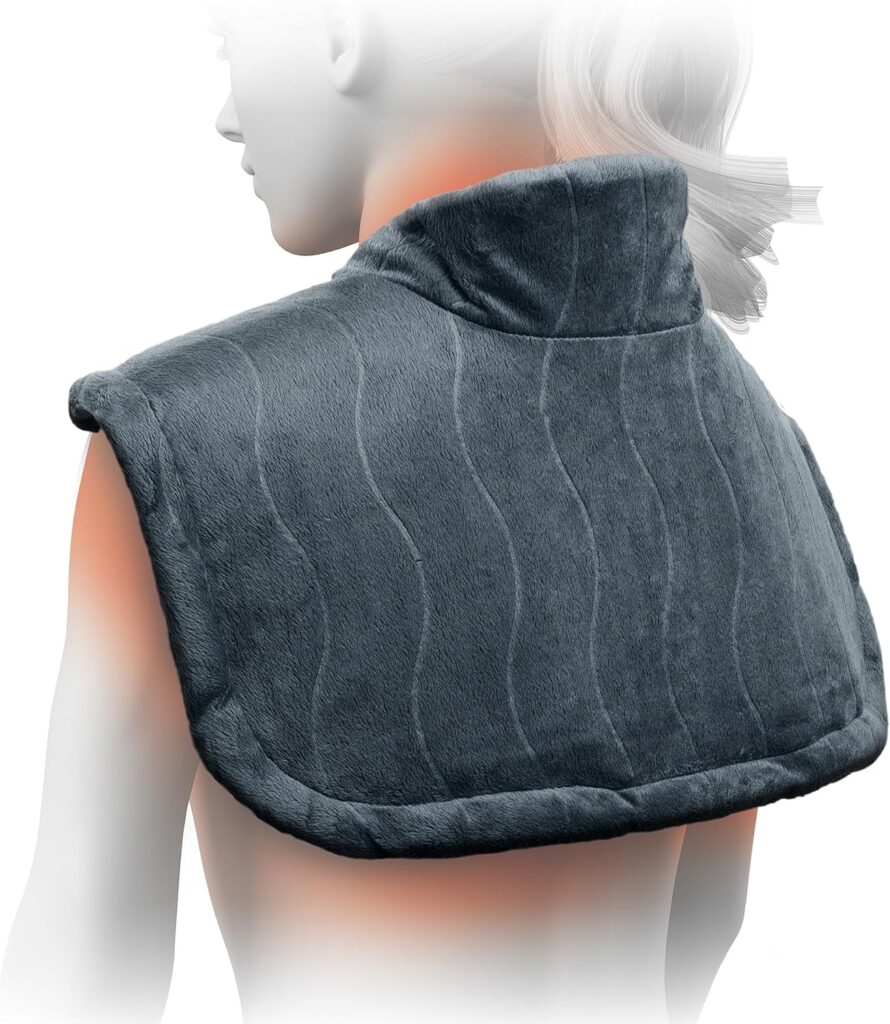 Pure Enrichment's Contoured infrared charcoal gray heating pad with magnetic closure designed to wrap around neck and shoulders