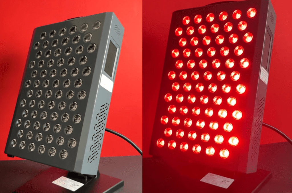 Hooga Ultra 360 red light therapy panel demonstration on desk