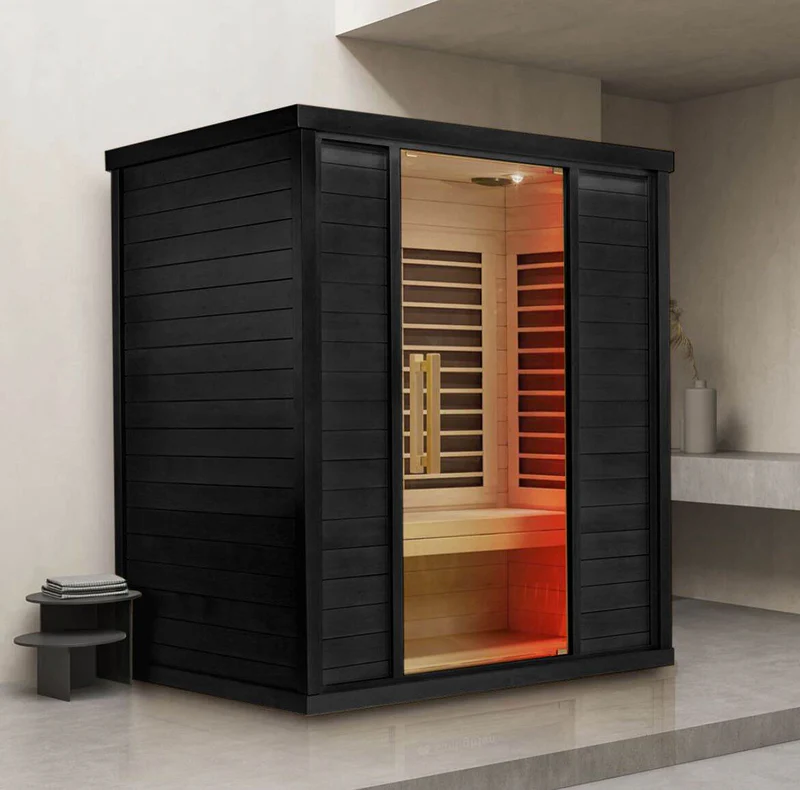 Sun Home Equinox 2 Person Full-Spectrum Infrared Sauna with tempered glass door, interior glowing with infrared heaters