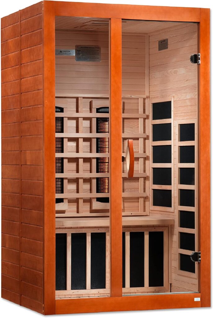 Compact two-person sauna with hemlock wood