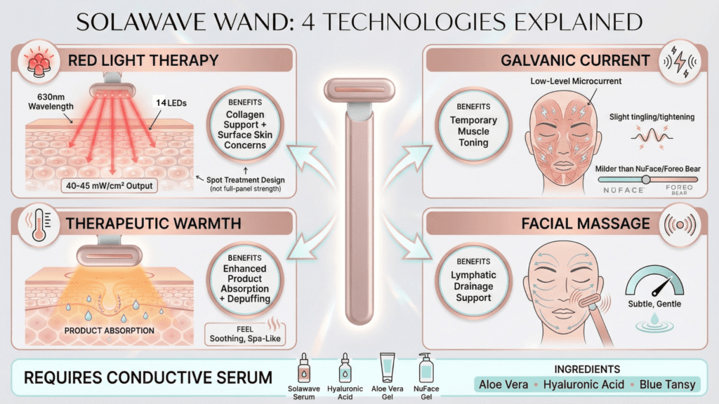 infographic explaining how solawave's skincare wand uses four technologies to depuff and tone skin texture