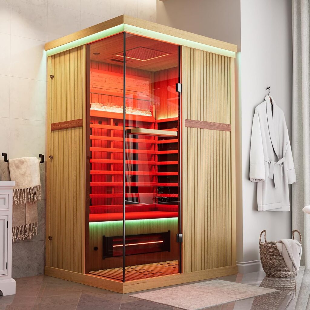 MEISSALIVVE entry-level full spectrum sauna with Canadian hemlock, glass door, Bluetooth speakers