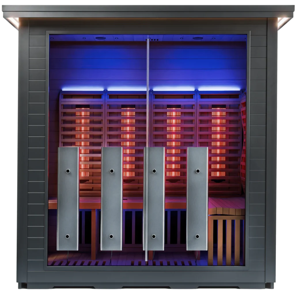 Sun Home Luminar Outdoor 5 Person Full spectrum large outdoor infrared sauna with aerospace aluminum exterior, glass roof, and modern black finish