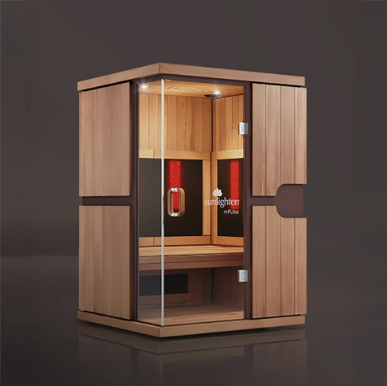 Sunlighten mPulse modern infrared sauna with integrated control panel and red light therapy elements