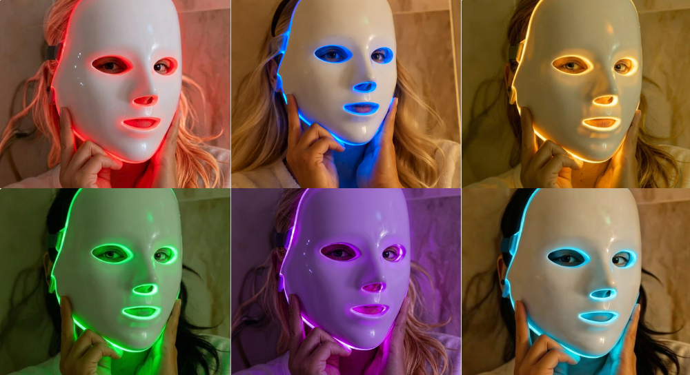 Glokore LED face mask showing multiple light therapy modes for red, blue, yellow, green, purple, and cyan skin treatments