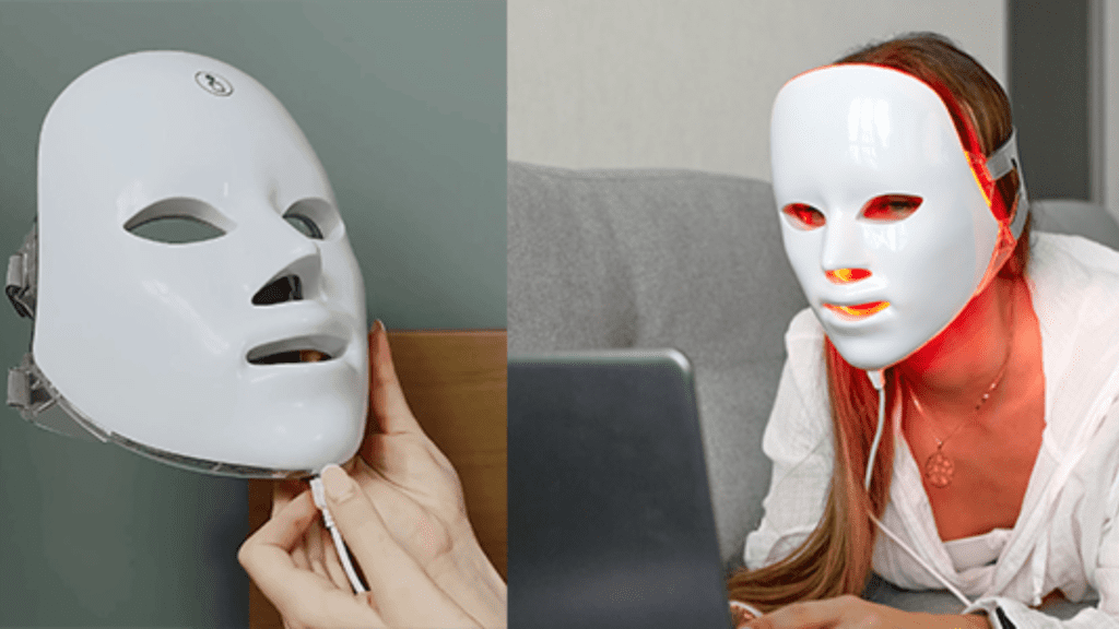 Split image of the Glokore LED face mask: close-up of the white mask being held, and a woman wearing the Glokore mask with red light glowing while using a laptop on a couch.