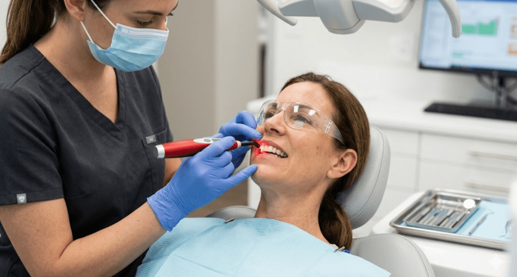 Dentist using red light therapy on patient mouth