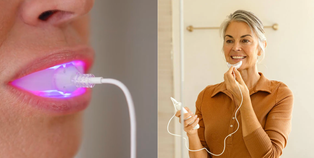 NovaaLab Oral Care Pro red light therapy device used along the gum line for at home support for gum health and receding gums