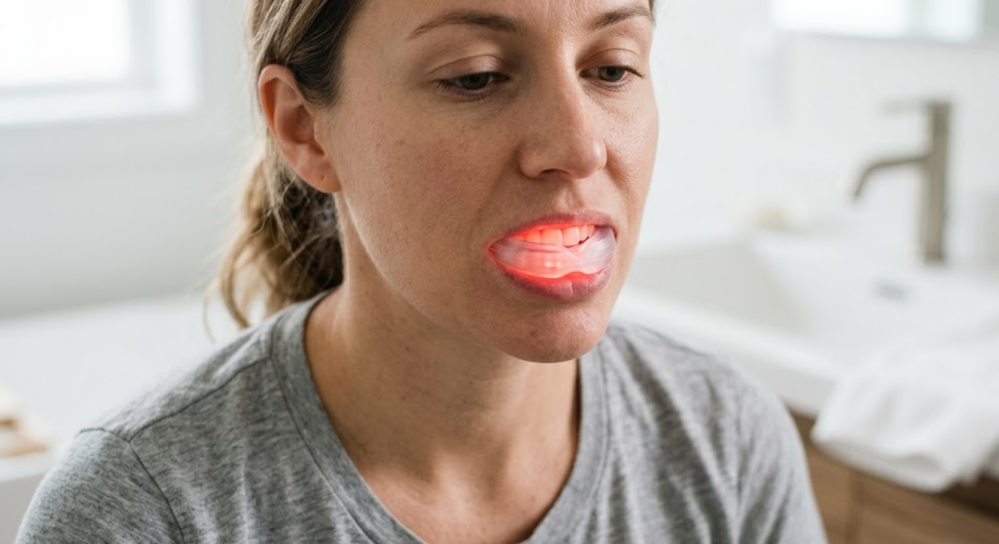 woman using red light therapy for gum recession