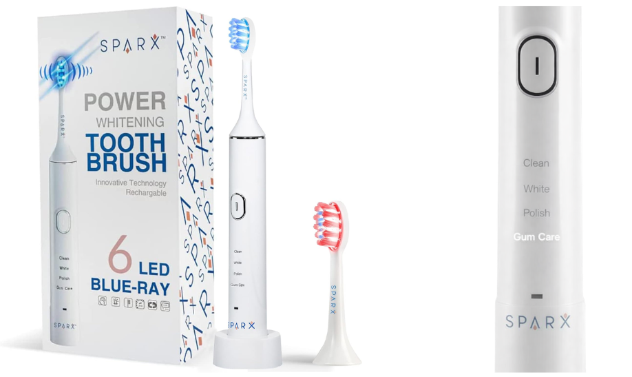 Sparx white electric toothbrush with illuminated LED brush head, shown on its charging base