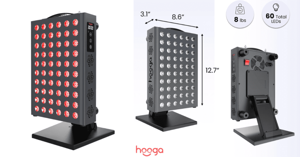 hooga pro300 compact red light therapy panel on desk with adjustable stand