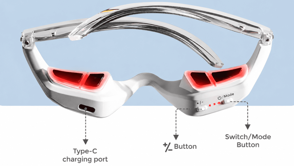Close up of the Renewa EyeLift red light and microcurrent device