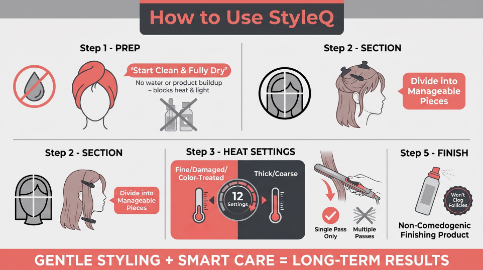 how to use styleq red light therapy hair dryer infographic