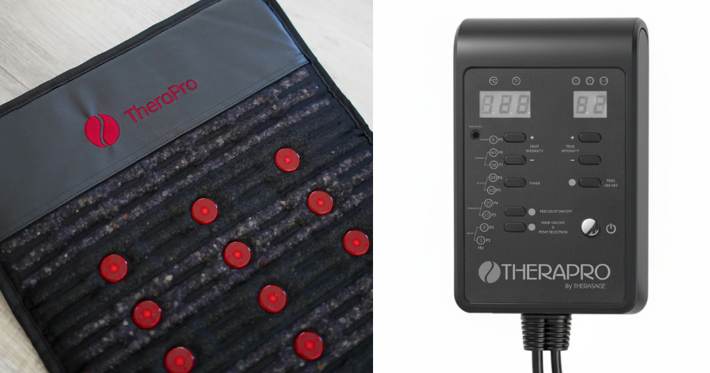 split screen of the Therasage TheraPro PEMF Mat and its control panel