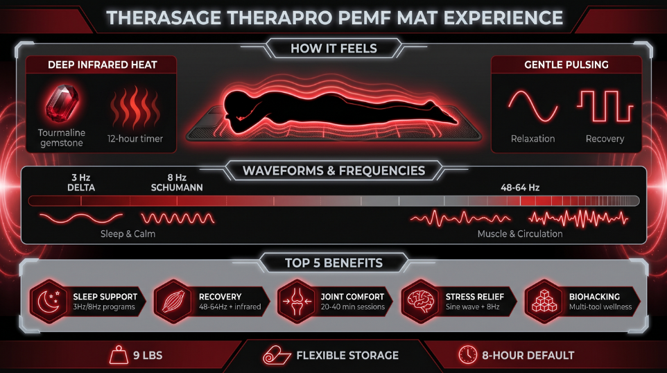 infographic demonstrating how the therasage therapro pemf mat works
