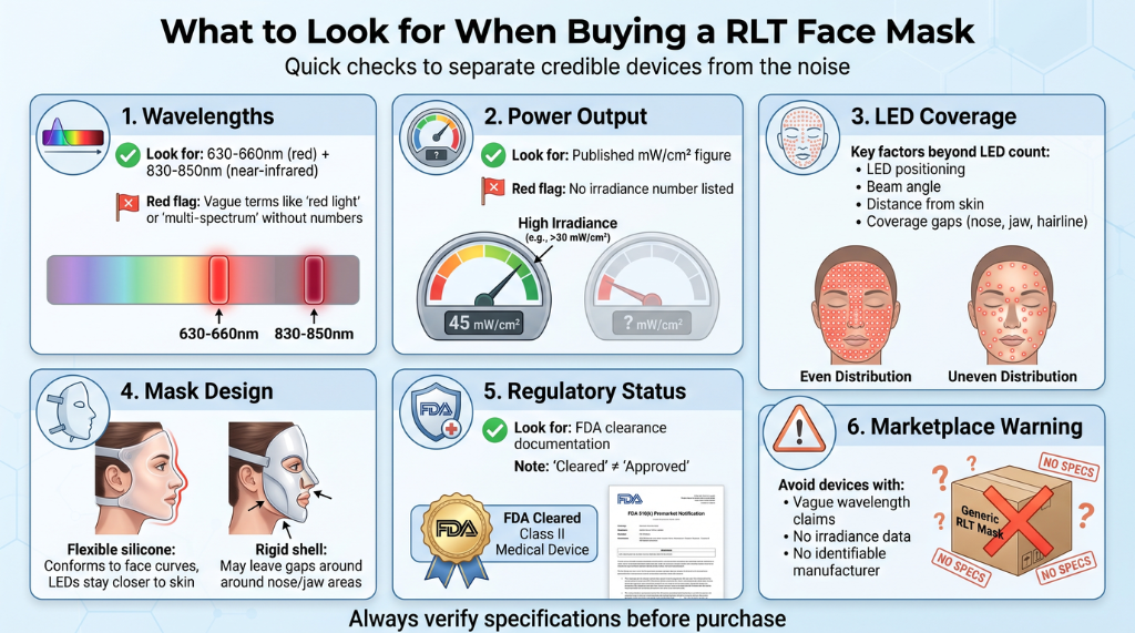 What to look for when buying a red light therapy face mask infographic