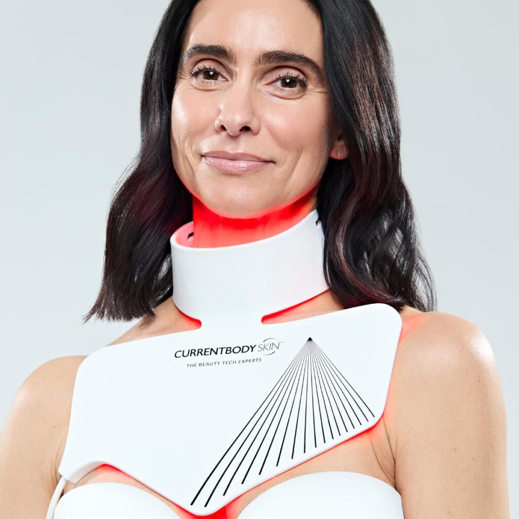 Currentbody flexible silicone LED mask curved around the neck and upper chest