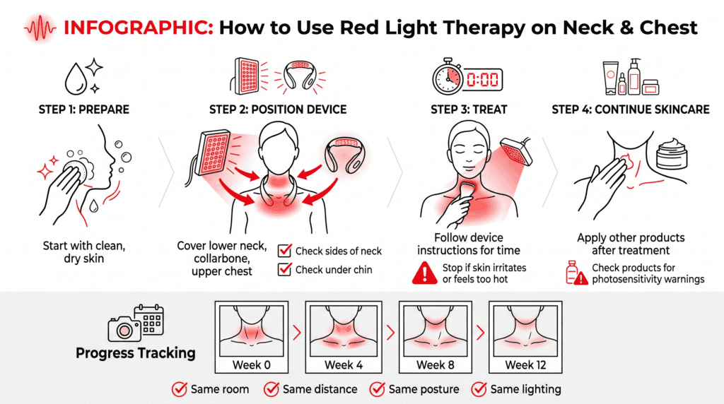 Infographic showing how to use red light therapy on the neck and chest