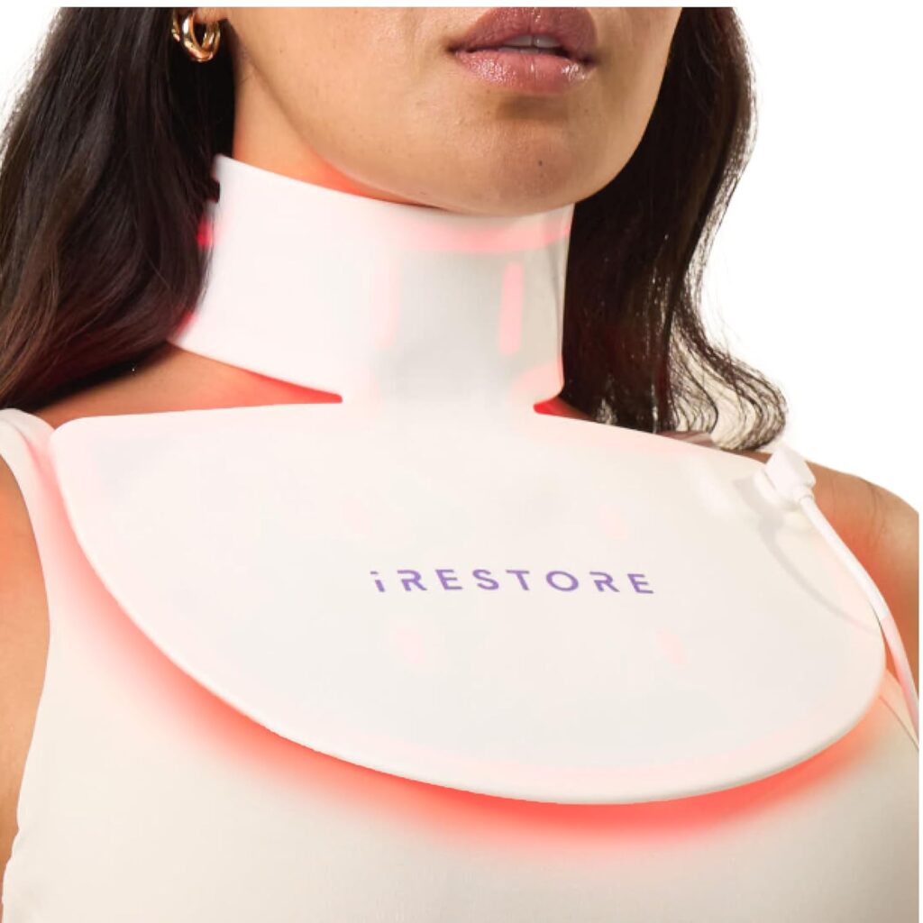 iRestore Illumina hard-shell LED device positioned over the neck and upper chest