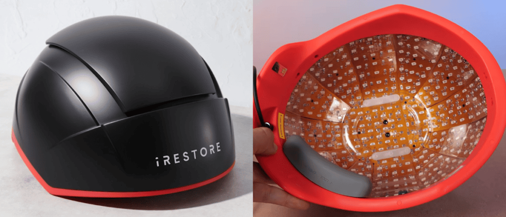 closeup of exterior and interior of the iRestore Elite hair growth red light therapy helmet