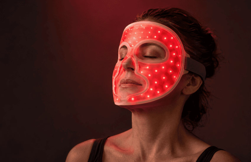 woman wearing red light therapy mask with different wavelengths