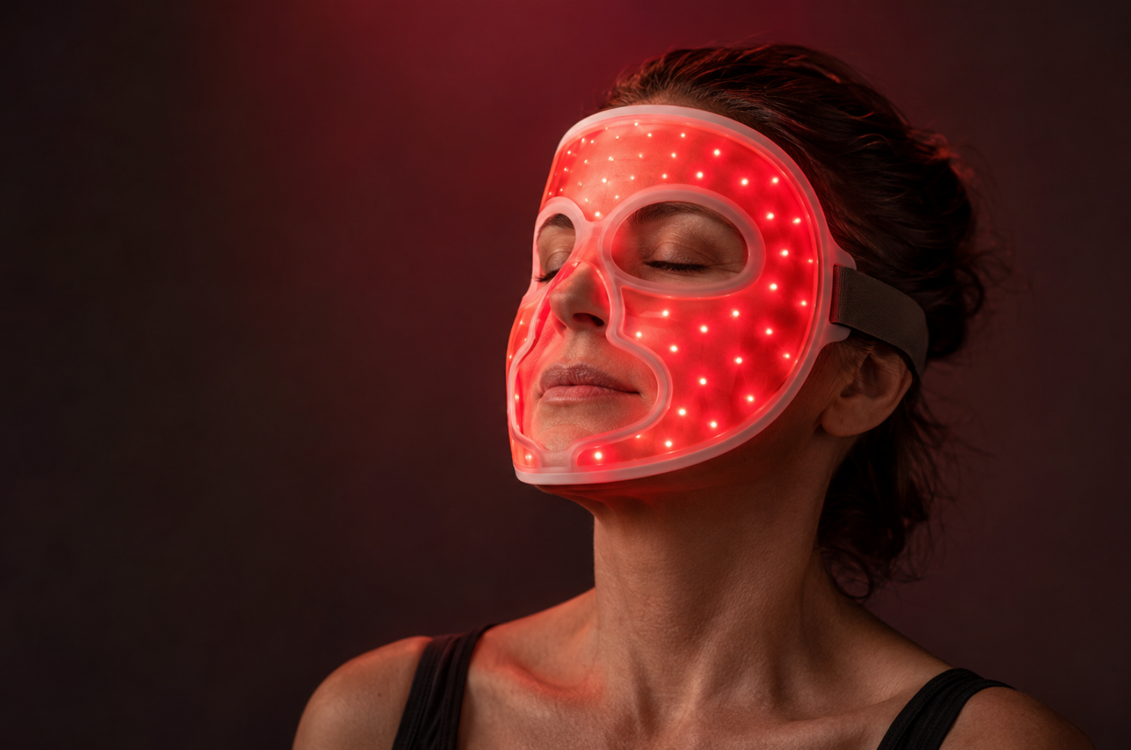 woman wearing red light therapy mask with different wavelengths