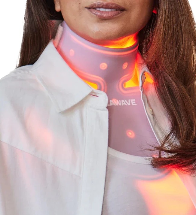 Solawave lightweight wearable LED bib draped over the neck and chest