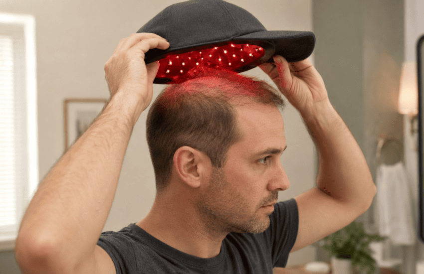 man wearing red light therapy laser cap for hair loss