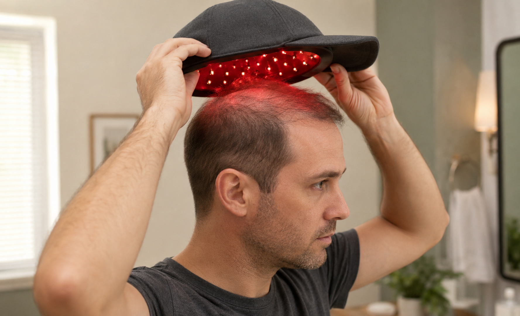man wearing red light therapy laser cap for hair loss