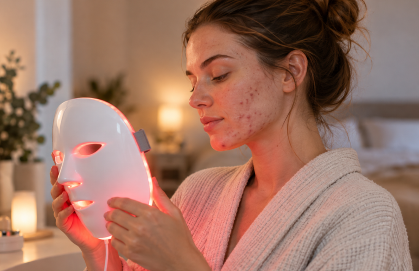 girl using red light therapy for acne