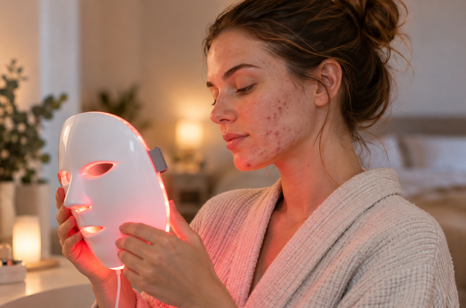 girl using red light therapy for acne