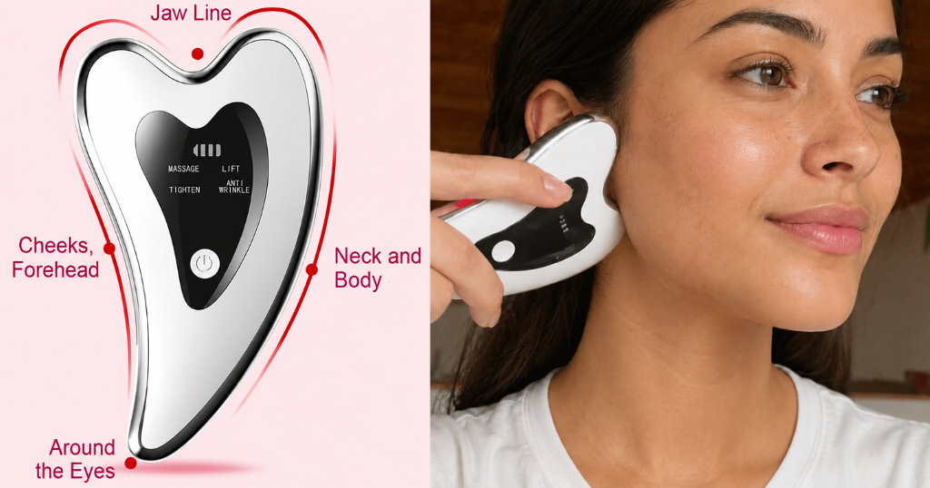 A curved handheld Glokore gua sha device glowing red, held against the cheekbone.