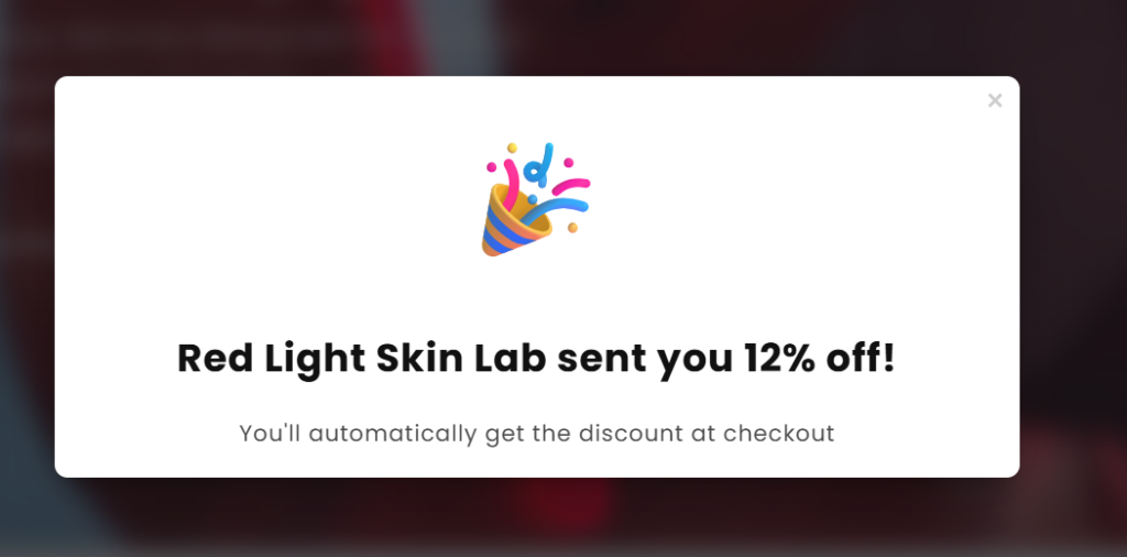 Hooga popup confirming 12% off through Red Light Skin Lab, applied automatically at checkout