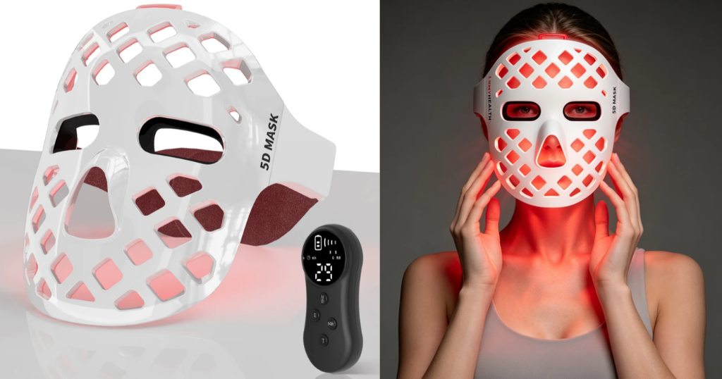 LumyHealth 5D Rejuvenating Beauty Mask white vented LED mask with open cutouts and a small wireless remote.