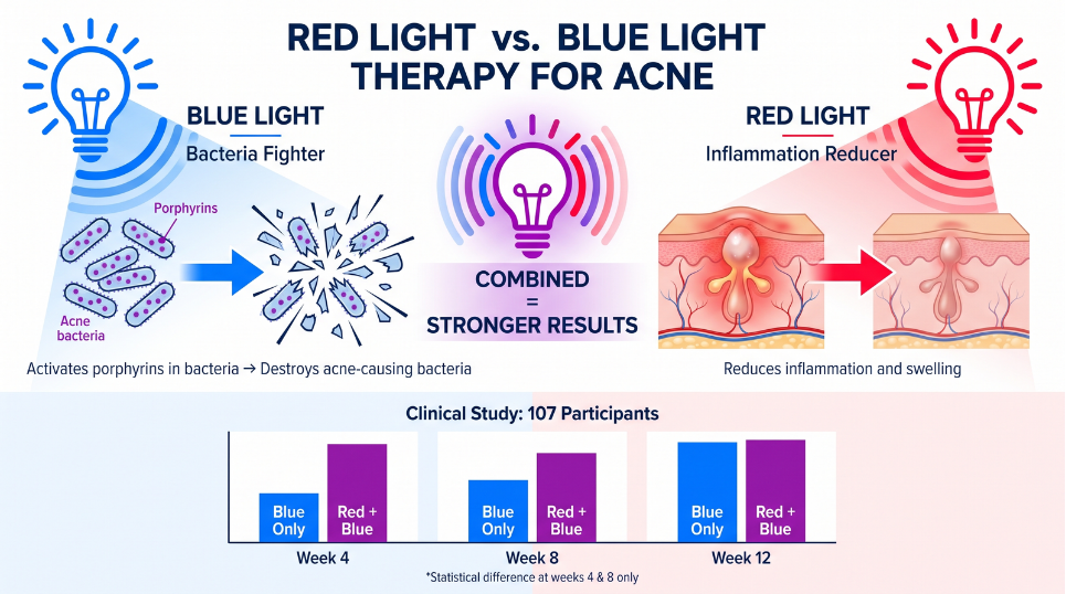Red light vs Blue Light Therapy for Acne infographic