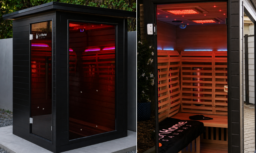 Interior and exterior of the Sun Home Luminar 2-person infrared sauna