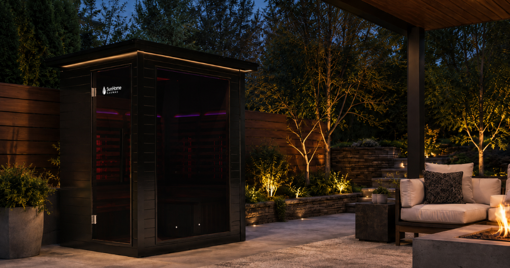 SunHome Luminar 2 outdoor infrared sauna in backyard setting