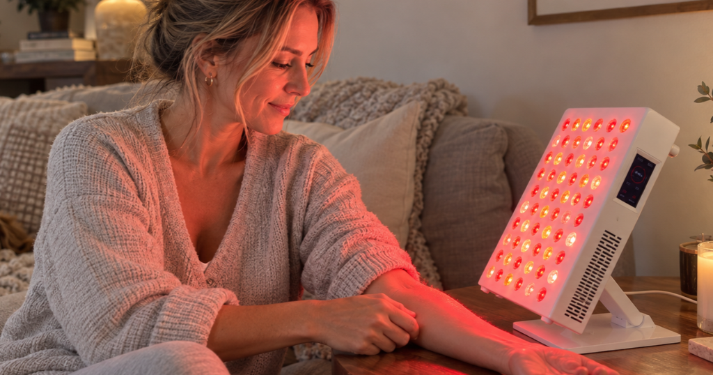 woman using the mito min 4.0 red light therapy panel on face and arms